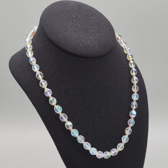 Womens Clear AB Aurora Borealis Faceted Crystal Fashion Beaded Necklace 17 in - Picture 2 of 7